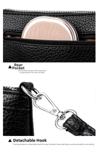 Détail du sac en cuir litchi noir avec poche arrière zippée et crochet en métal argent