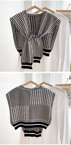 Detail of black and white houndstooth knit shawl with knotted front and back view