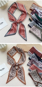 Détail des motifs cachemire et géométriques sur diverses écharpes étroites en soie