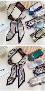 Détail de divers foulards en soie imprimés avec des motifs de chevaux et géométriques