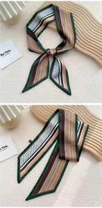 Détail d'un foulard étroit en soie rayé vert et marron utilisé comme accessoire de sac