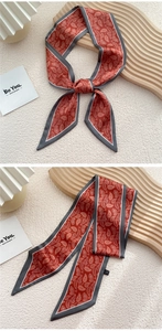 Gros plan d'un foulard étroit en soie à motif cachemire rouge noué en ruban chic