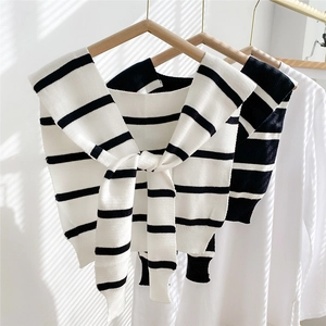 Women Striped Knitted Shawl Versatile Black White Striped Fake Collar Cape For Daily Office Layering Casual Clothing Accessories