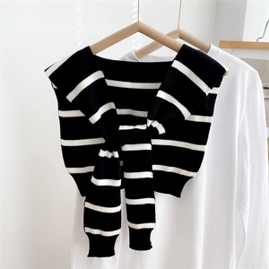 Classic black and white striped knitted shawl wrap with tie knots for women