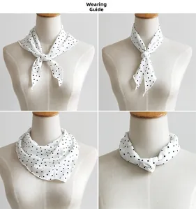 Wearing references showing four versatile ways to style the white polka dot silk scarf
