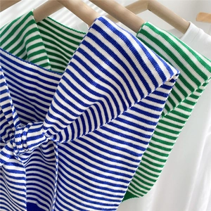 Striped knit shawl wrap shoulder cover in blue and green with tie detail for women