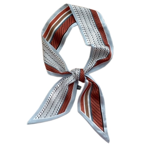 Foulard étroit en soie à pois et rayures noué en ruban bleu et couleur caramel