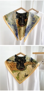 Detailed close-up of Van Gogh oil painting print scarf with vibrant yellow piped edges