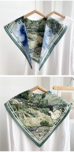 Detail of artistic oil painting triangle scarf with starry sky and pastoral prints