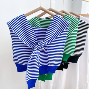 Striped knit shawl wrap for women with tie-front design in classic nautical colors