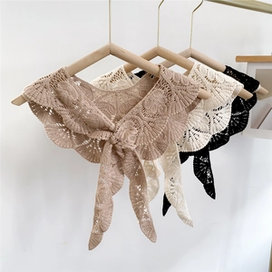 Crochet hollow leaf lace shawl collar with tie in khaki, beige, and black colors