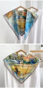 Detail of artistic Van Gogh oil painting style triangle shawl with fine gray edge stitching