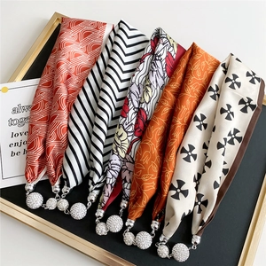 Fashion Printed Satin Satin Scarf Necklace With Magnetic Rhinestone Ball Clasp Elegant Thin Neck Scarf For Women