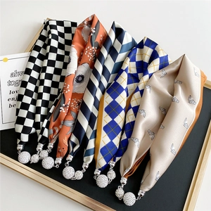 Silk neckerchief necklaces with magnetic clasp and crystal ball pendants in various prints