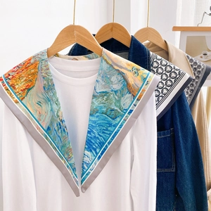 Women Triangle Scarf Satin Like Satin Artistic Oil Painting Neckerchief Decorative Shawl Elegant Fashion Accessory