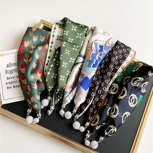 Printed Satin Like Scarf Necklace With Rhinestone Ball Magnetic Buckle Decorative Narrow Neck Wrap For Women