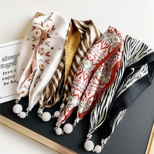 Floral and zebra print silk scarf necklace with sparkling magnetic crystal ball charms