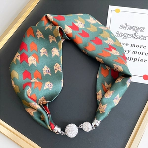 Detail of green silk scarf necklace with magnetic crystal buckle on black tray