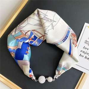 Silk scarf necklace with nautical print and crystal magnetic ball clasp decoration