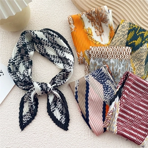 Women Pleated Scarf Satin Feel Printed Necktie Hair Band Decorative Fashion Accessory Elegant