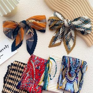 Elegant pleated square silk scarf with vintage geometric prints and accordion fold design