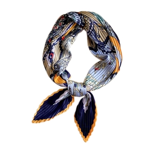 Vintage printed pleated square scarf with accordion folds and artistic patterns