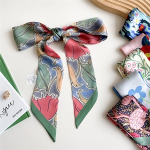 Women Long Skinny Scarf Satin Polyester Necktie Floral Pattern Hair Band Bag Decoration Accessories Versatile Elegant Twilly