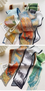 Vue détaillée de foulards plissés en soie aux motifs variés pour cheveux, cou et sacs
