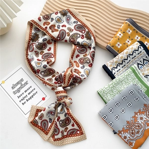Women Narrow Long Satin Like Scarf Twilly Polyester Satin Retro Paisley Geometric Floral Print Necktie Bag Handle Ribbon Headband