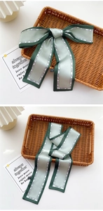 Detail view of light green satin ribbon hair tie with fashion text and green borders