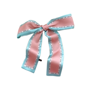Pink and blue silk ribbon with 'fashion girl' print for hair or bag styling
