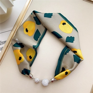 Silky scarf necklace featuring yellow tulip print and crystal ball magnetic clasp
