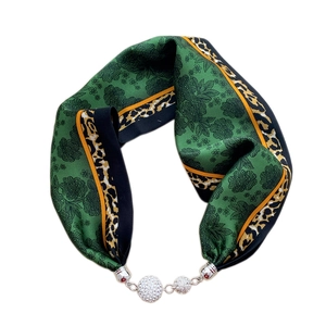 Dark green floral silk scarf choker with leopard print borders and crystal-studded spheres
