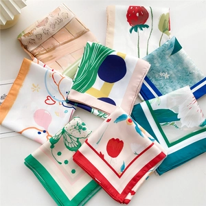Variety of 70x70cm square silk scarves with floral, strawberry, and geometric patterns