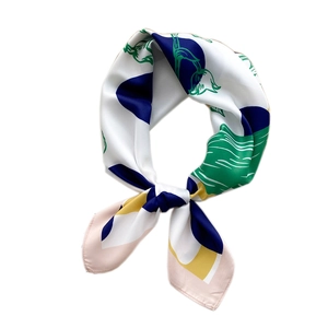 70x70cm square silk scarf featuring abstract blue and yellow prints with floral outlines