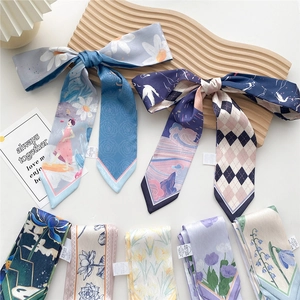 Narrow Long Satin Scarf For Women Floral Print Polyester Twilly Ribbon For Hair Bag Handle Neck Tie Elegant French Style