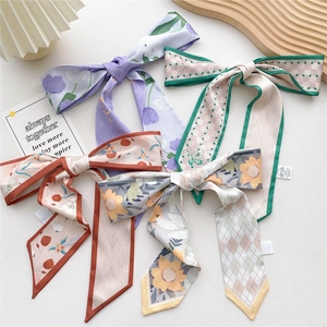 Four-piece set of narrow floral silk scarves for hair styling and bag accessories