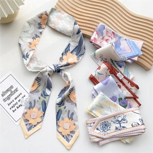 Floral print narrow silk twilly scarves for hair and bags with elegant flower patterns