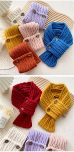 Detail of cable knit neck warmer featuring vintage wooden buttons and soft yarn texture