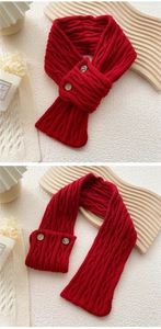 Detail of red cable knit scarf with buttons shown in both folded and flat views