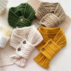 Winter chunky knit buttoned neck scarf set in green beige tan and yellow tones