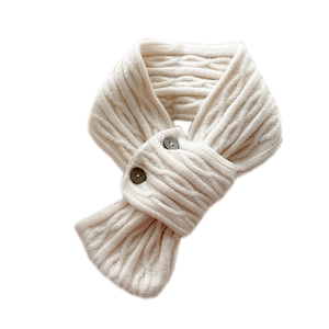 Off-white cable-knit scarf for women featuring two brown buttons and crossover design