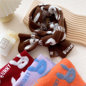 Short knit scarf for women with bunny jacquard patterns and Bunny lettering