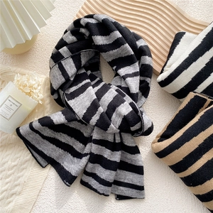 Thick knitted striped scarf for women in black, grey, and white for autumn and winter