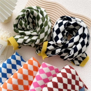 Écharpe Tricotée Argyle Pour Femmes Hiver Chauffe-Cou En Laine Chaud Style Japonais Rétro Bord Nervuré Contrasté