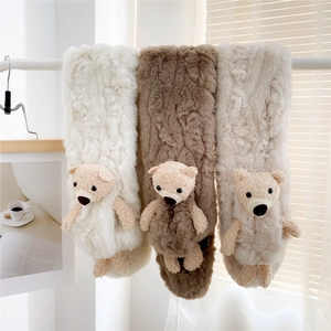Winter Faux Fur Scarf Plush Neck Warmer With Cute Teddy Bear Thickened Cross Over Neck Wrap For Women Girls Soft Warm