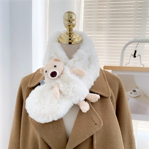 Winter plush bear scarf in white faux rabbit fur on a stylish dark wool coat