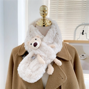Winter plush bear scarf in beige faux rabbit fur with a cute 3D bear doll accent