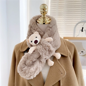Winter plush faux rabbit fur scarf with cute 3D bear detail in light khaki brown