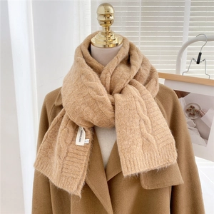 Women Winter Knitted Scarf Thickened Warm Cable Knit Solid Color Long Shawl Wraps